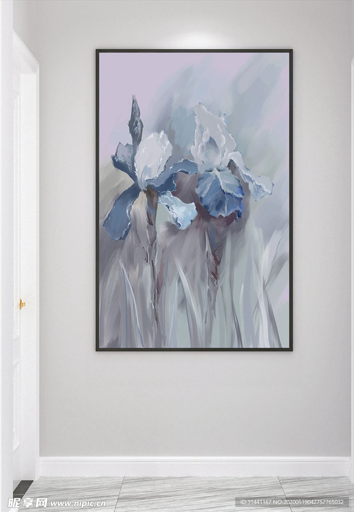蓝色油画风花朵装饰画