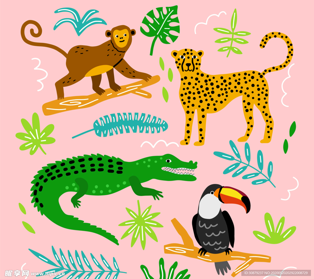 4款彩绘动物和树叶矢量素材