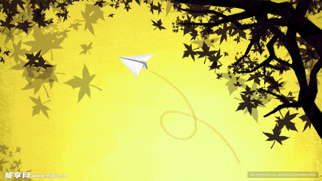 秋天你好插画树木枫叶纸飞机