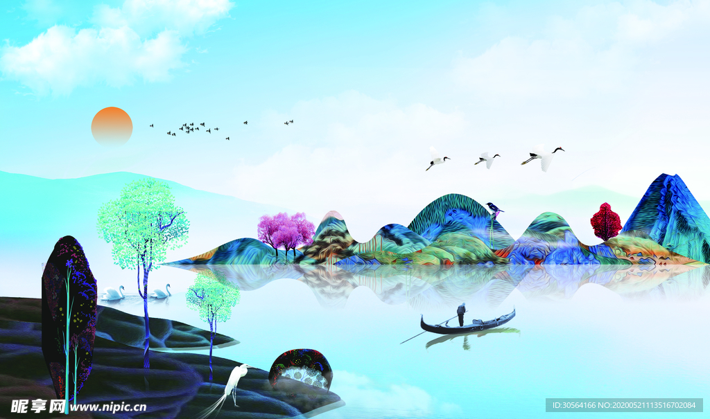 古风中式色彩水墨墙画墙贴背景
