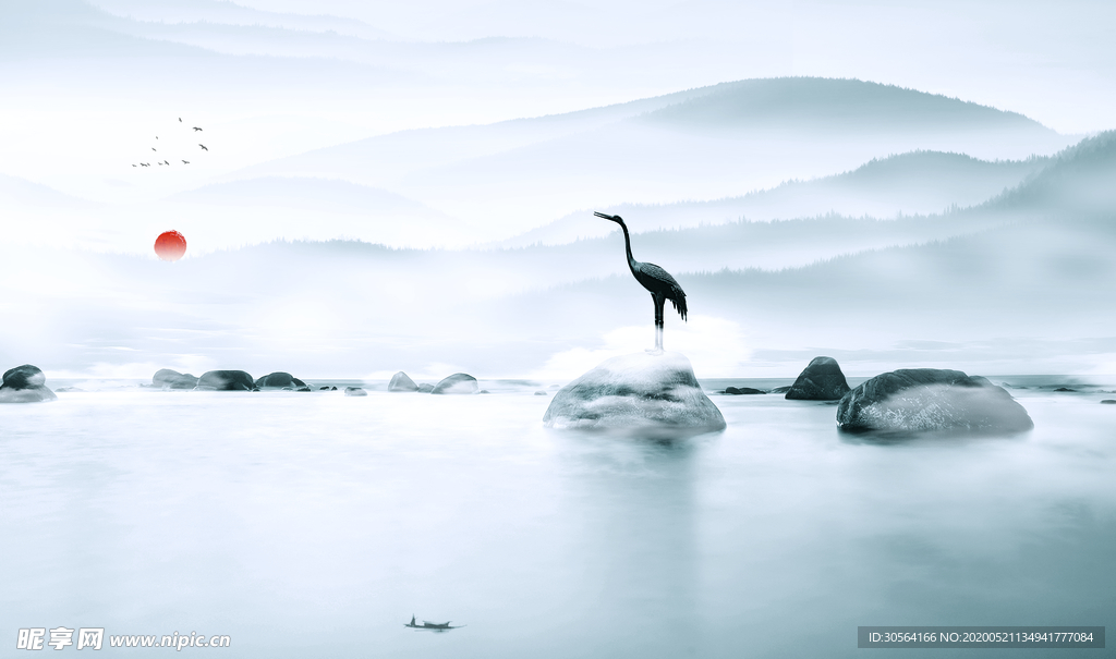 古风中式山水水墨水彩墙画背景