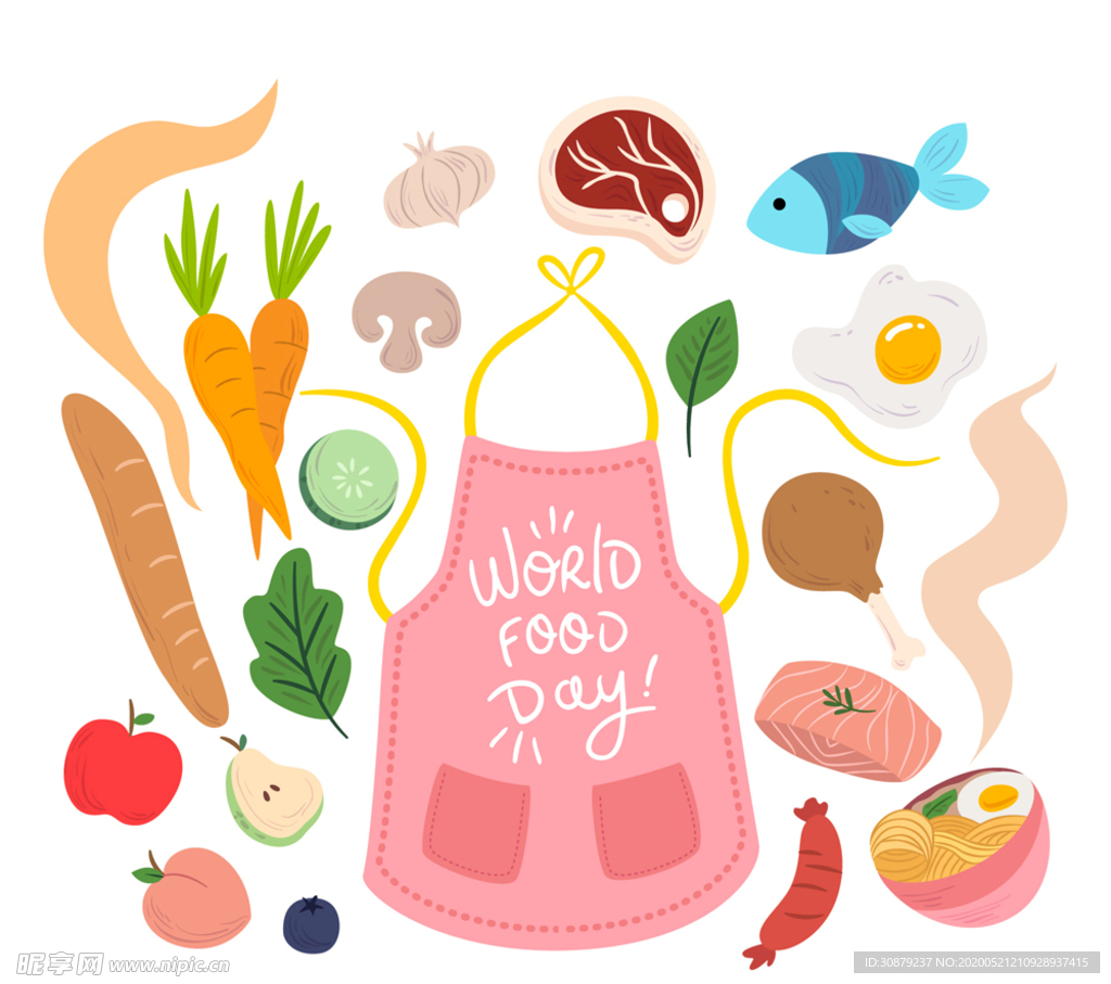 创意世界粮食日围裙和食物矢量图