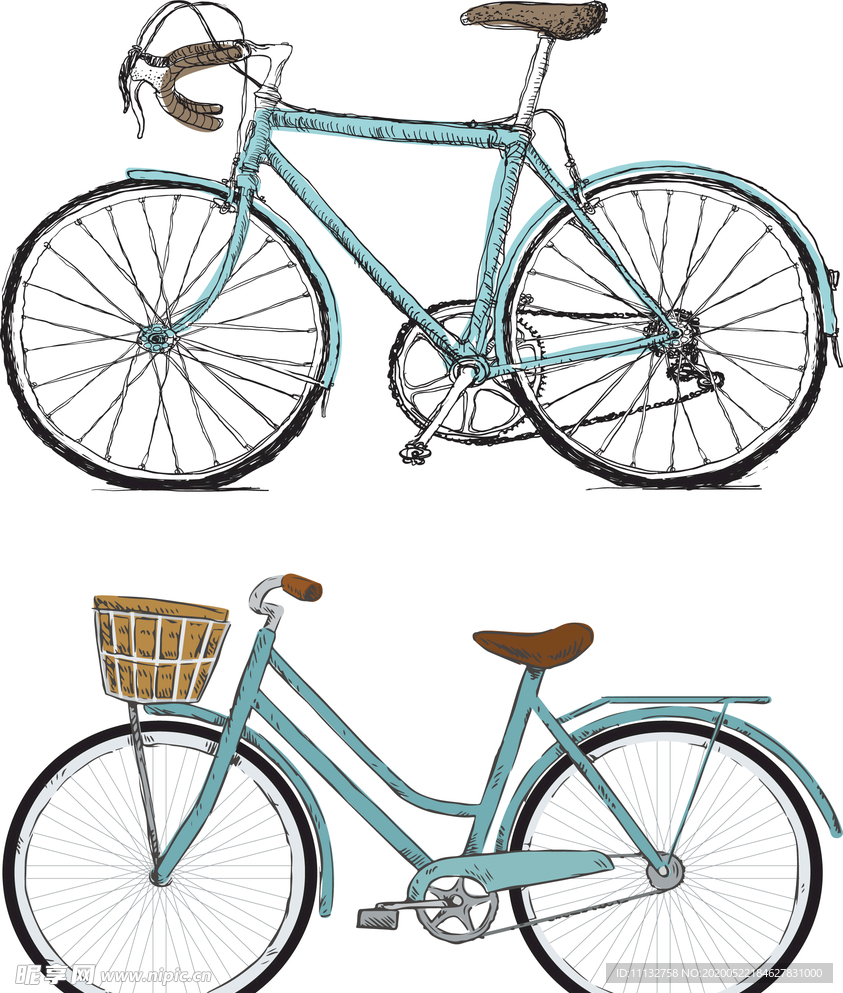 手绘单车彩绘自行车矢量素材