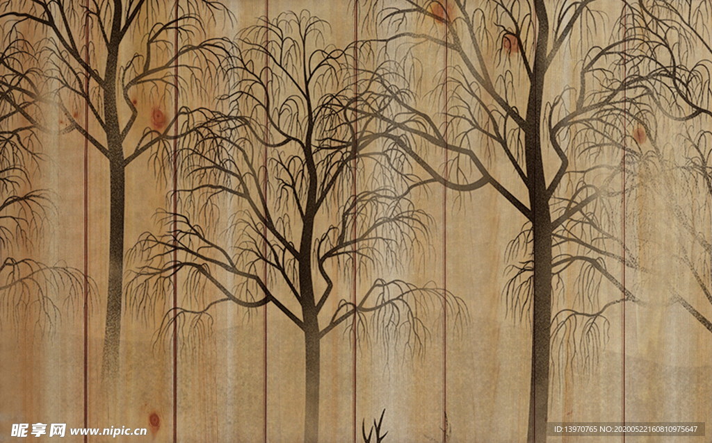 复古 实木 木板 画 树木