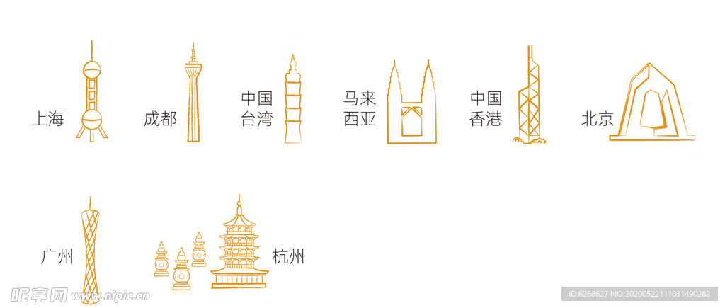 各个城市地标建筑手绘线