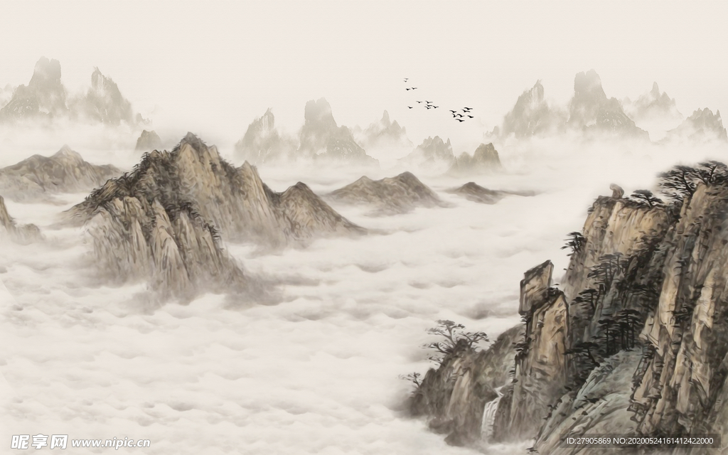 新中式水墨山水装饰画屏风背景墙
