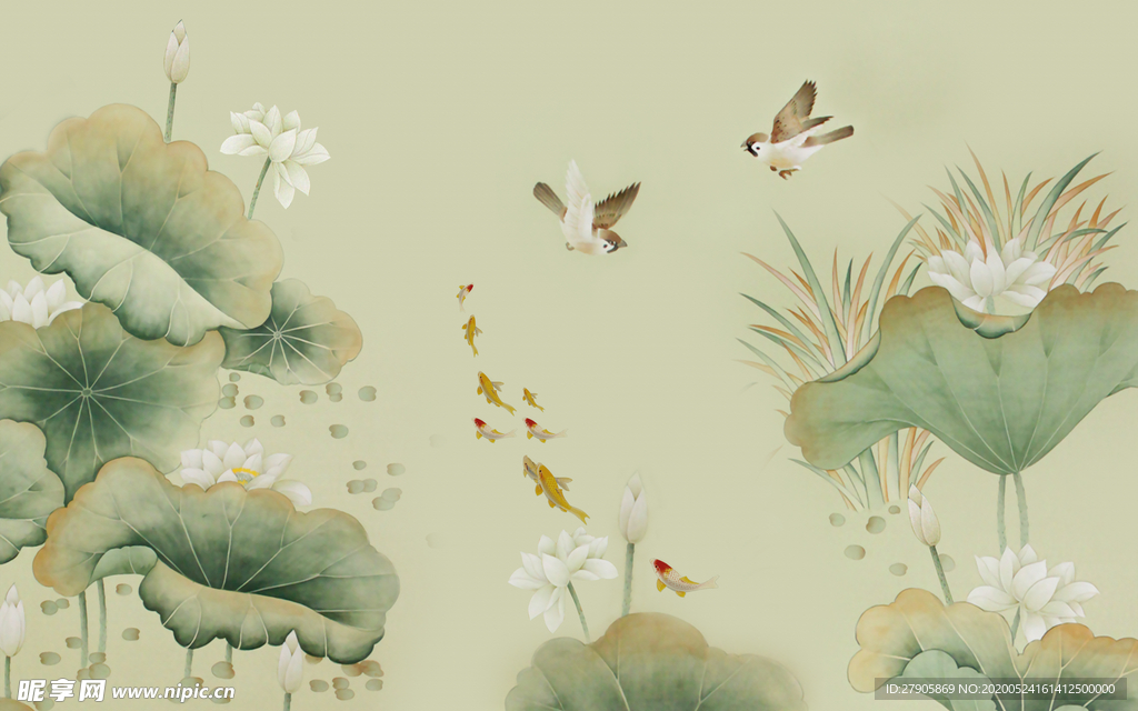 国画工笔荷花图和和美美花鸟图