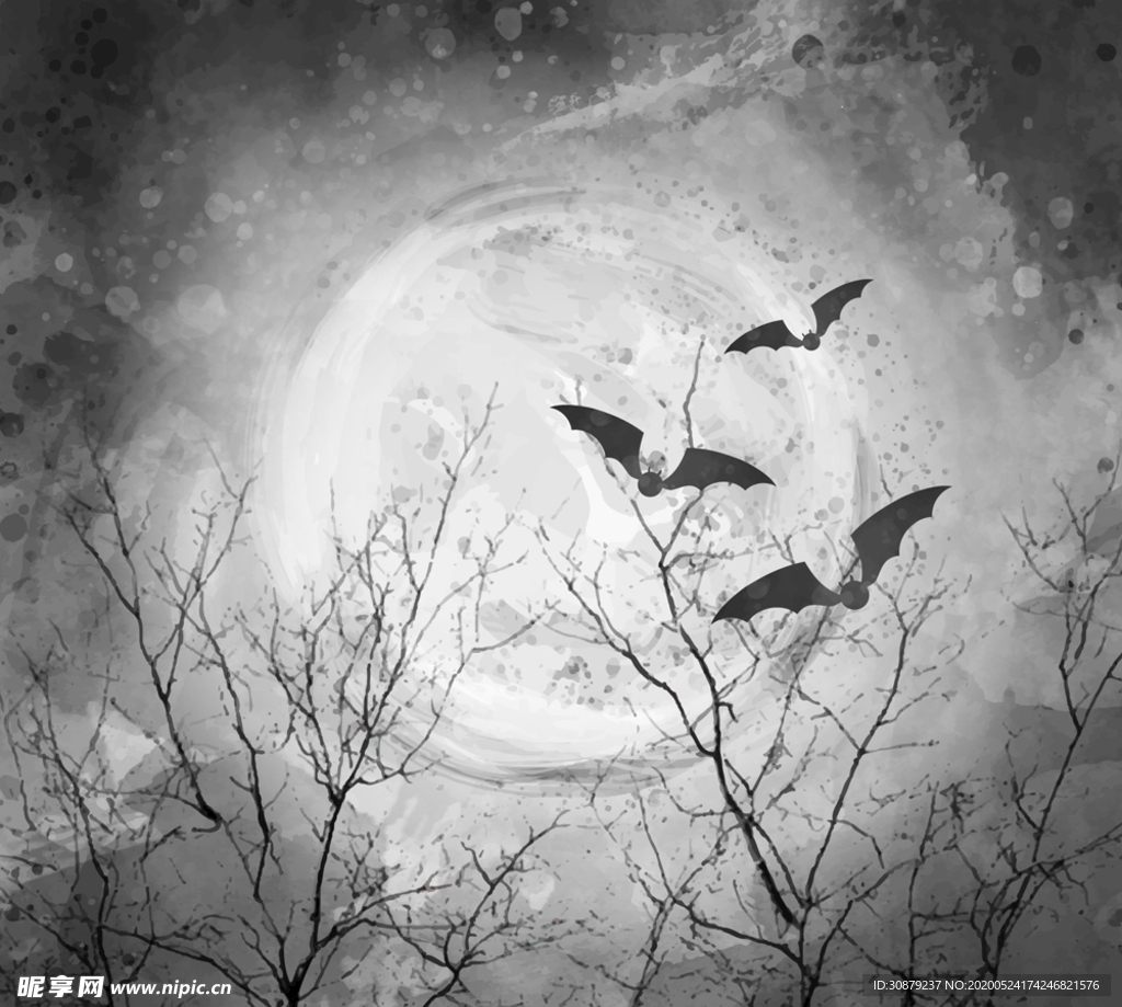 彩绘夜晚枯树蝙蝠风景矢量素材