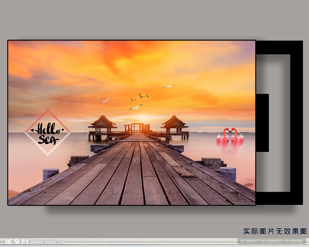 海边风景栈桥火烈鸟电表箱装饰画