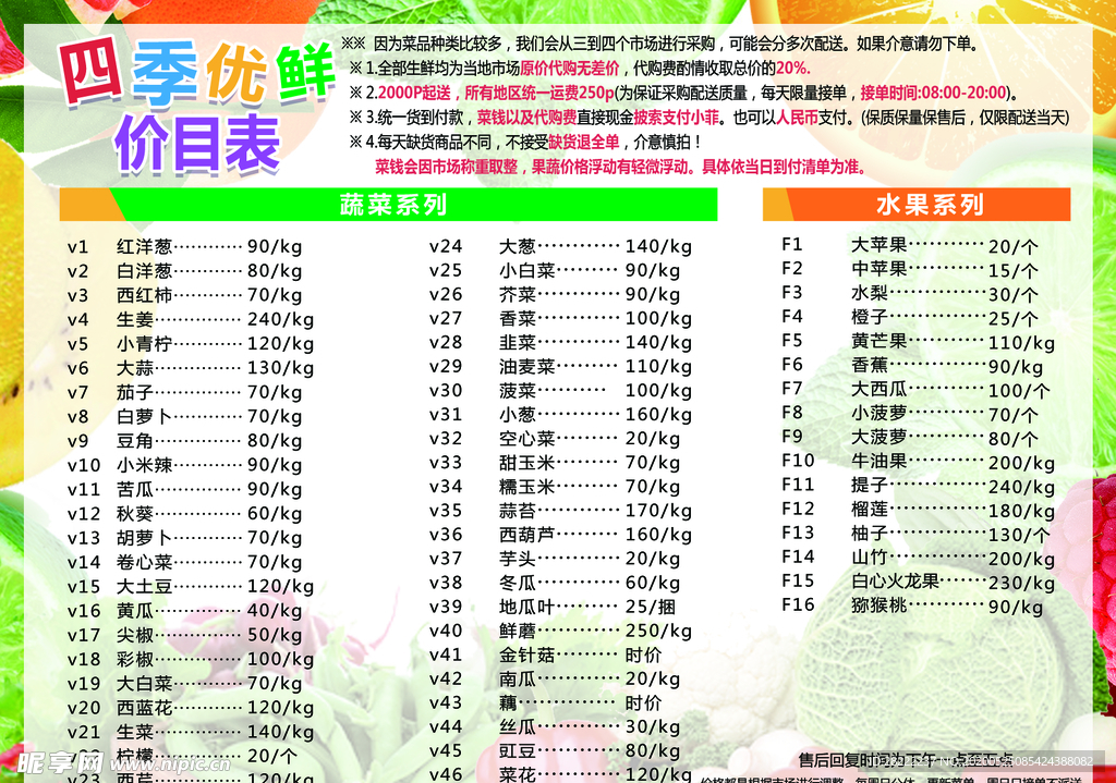 水果蔬菜鲜果菜单价目表