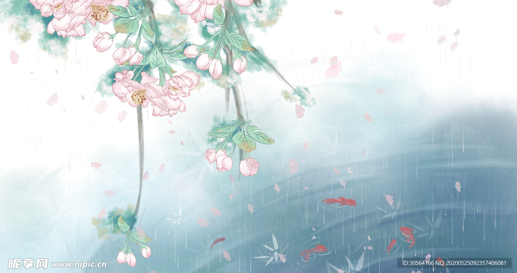 夏季花蕾湖水古风复古背景素材