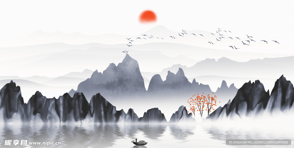 山水山脉大气古风复古背景素材
