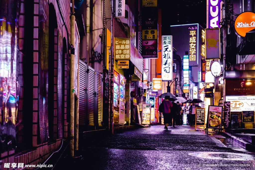 日式街头灯光繁华背景素材