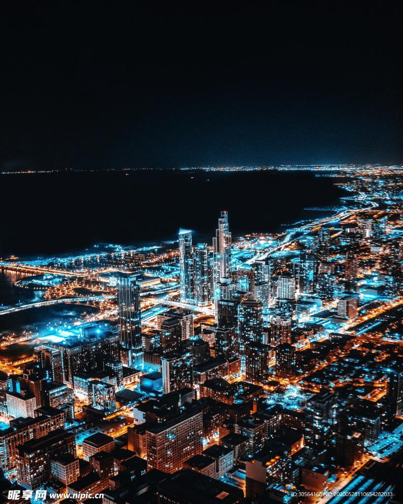 城市建筑街道夜晚海边背景素材