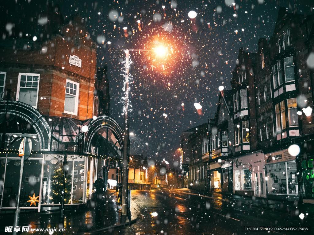 建筑城市街头雪景夜晚背景素材