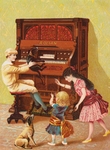 手绘复古插画钢琴旁嬉戏的三人