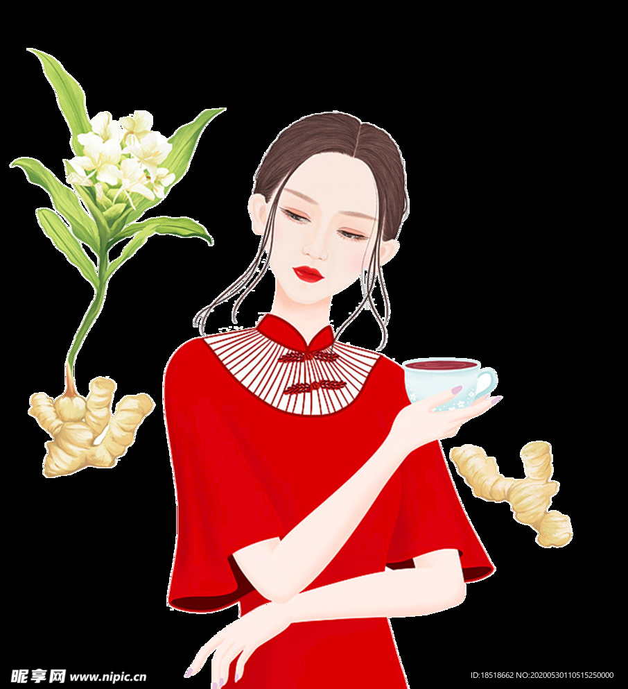 手绘美女红色插画姜茶