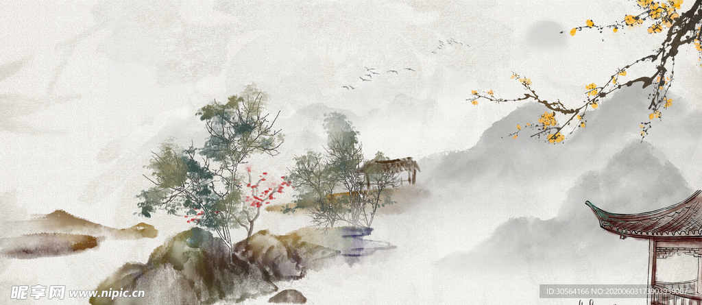 山水古风桃花中国风背景素材