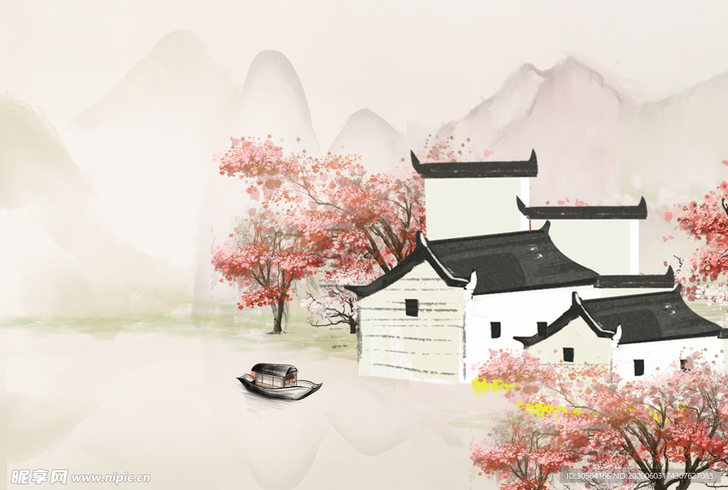 山水古风桃花中国风背景素材