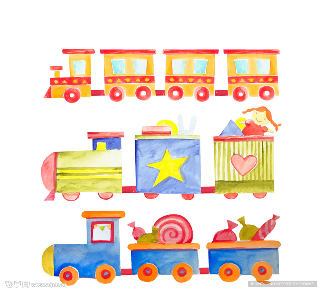 水彩绘玩具小火车矢量素材