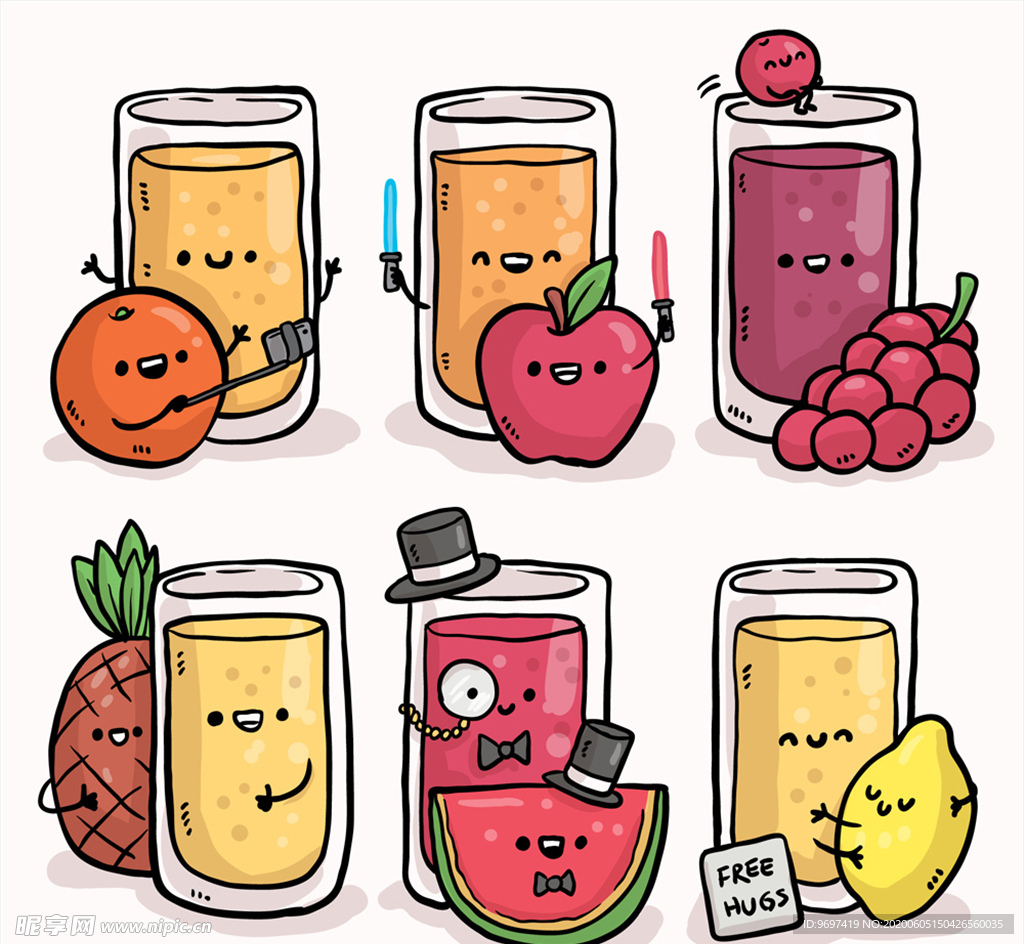 手绘表情杯装果汁和水果矢量素材