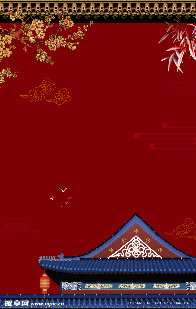 红色古风墙面枝头中国风背景素材