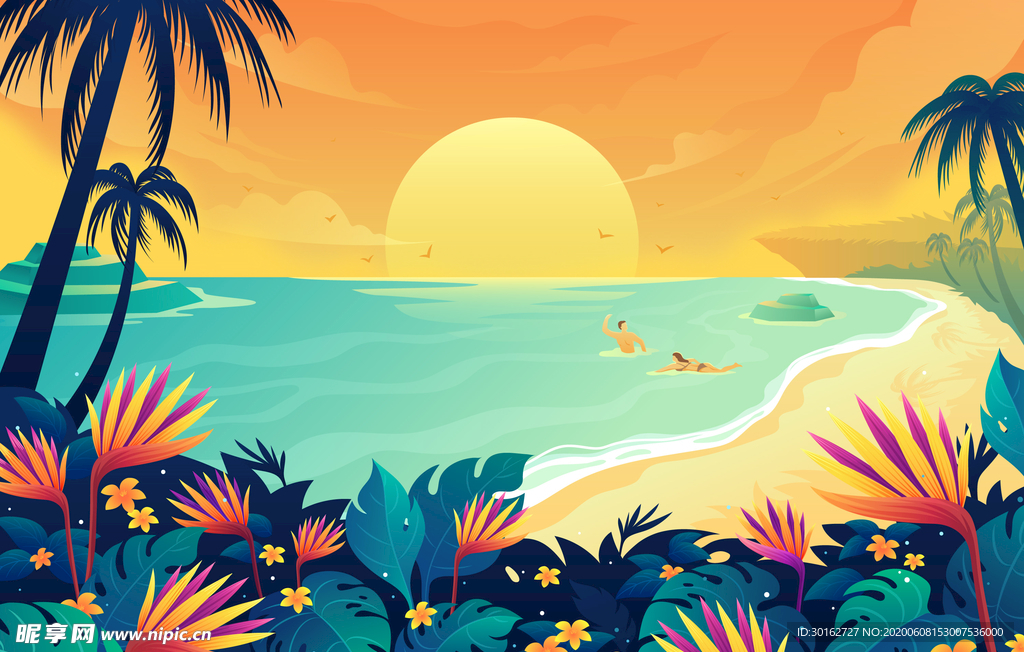 夏季海边沙滩游泳插画设计