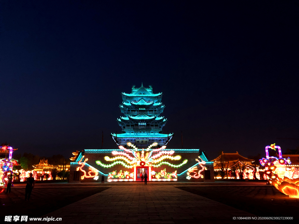 楼 古建筑 彩灯 夜景 霓虹灯