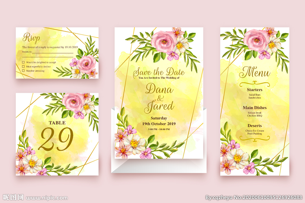 彩绘粉色花卉婚礼卡片
