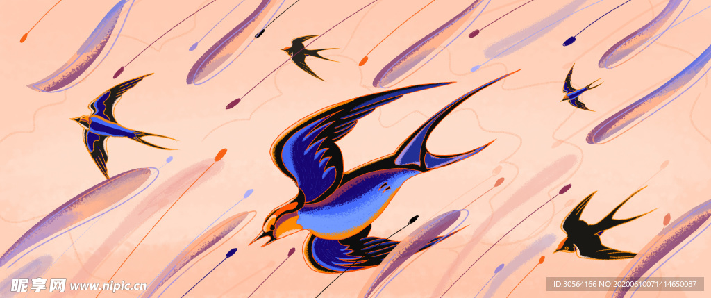 燕子插画卡通燕群流线线条色彩