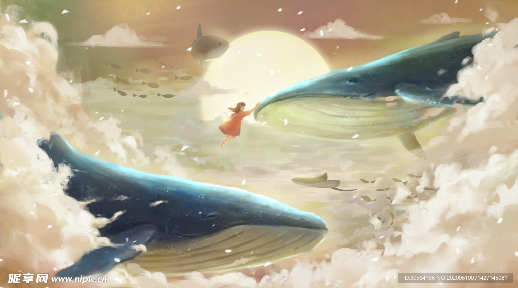 鲸鱼梦幻魔幻插画卡通少女天空云