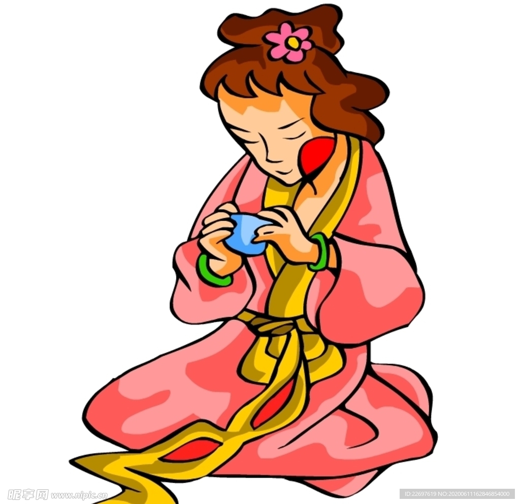 古代手绘女人喝茶