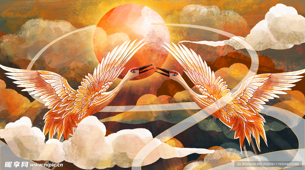 古风中国风国潮仙鹤云朵云层手绘