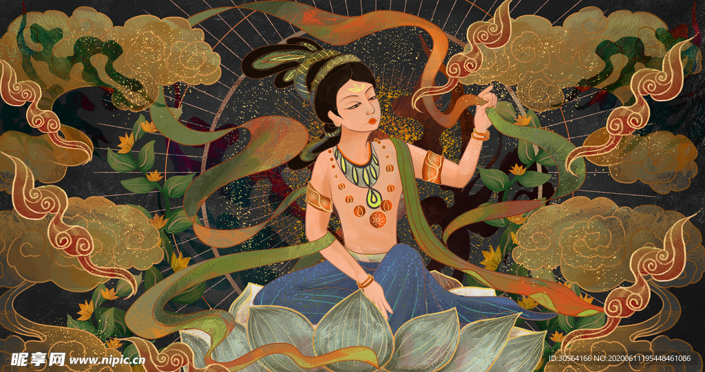 敦煌壁画古风传统墙画艺术仙女