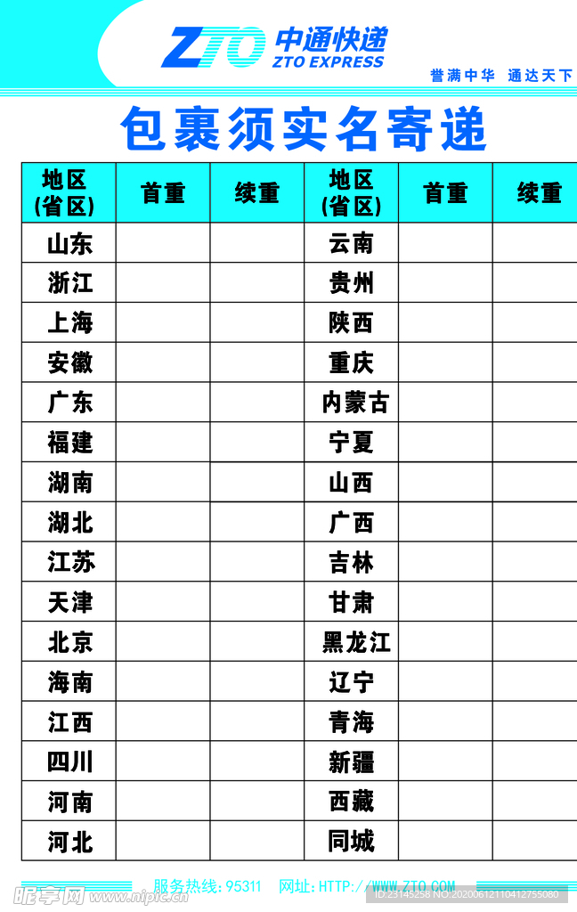 中通快递价格表