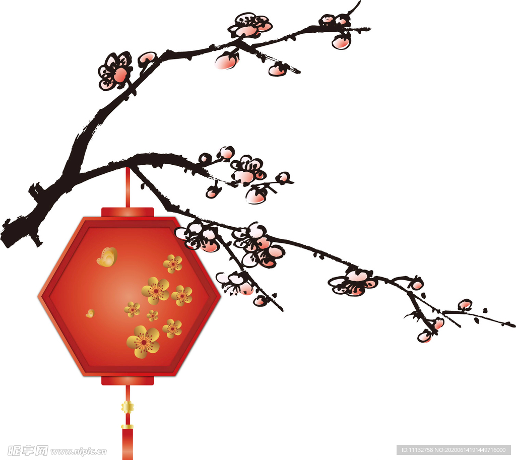 水墨树枝桃花灯笼中国风传统复古