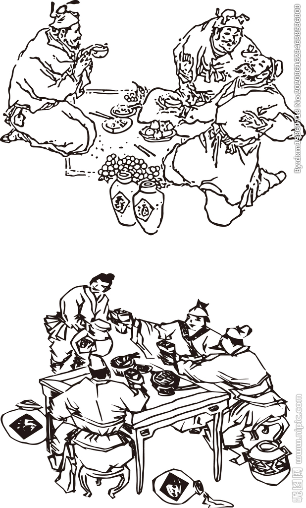 古代线描喝酒聚会中国风传统文化