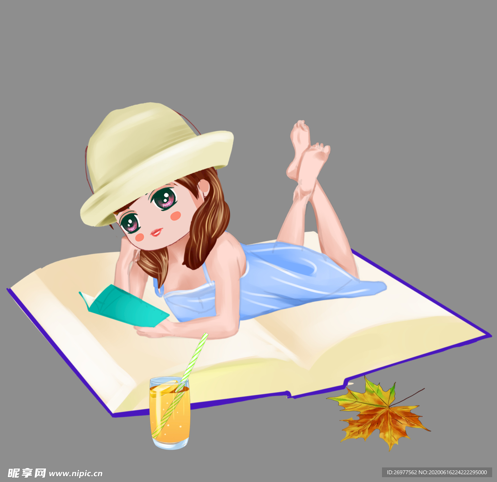手绘读书草地帽子素材