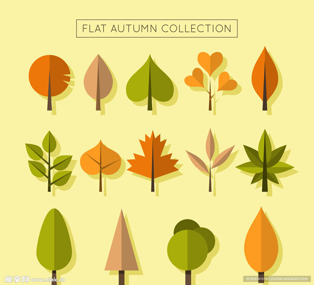 彩色秋季树叶和树木矢量图