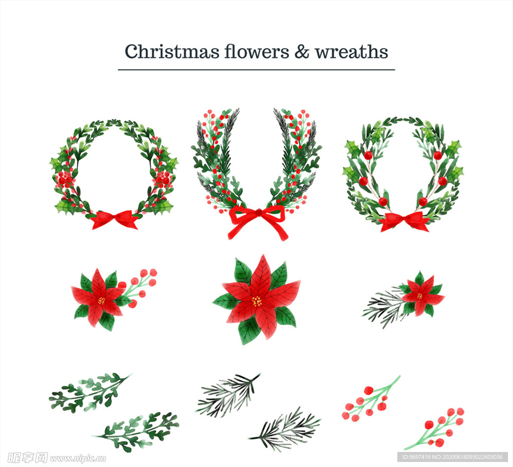 彩绘圣诞花卉和花环矢量素材