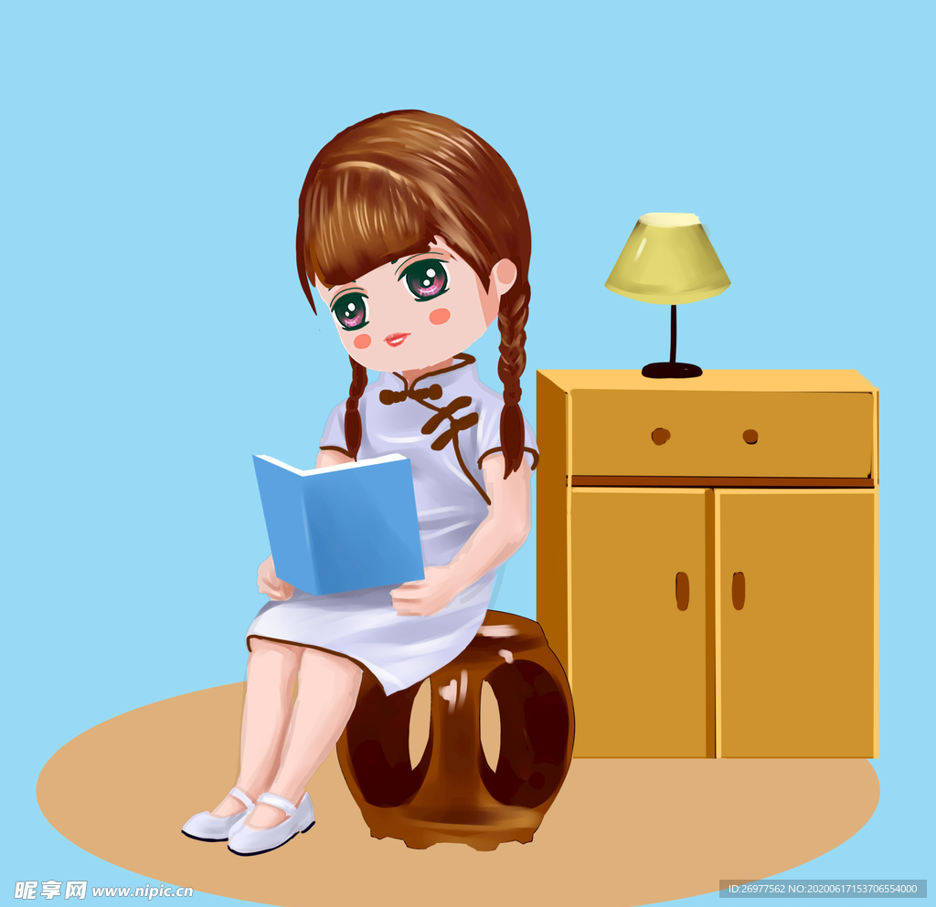手绘读书草地短袖素材