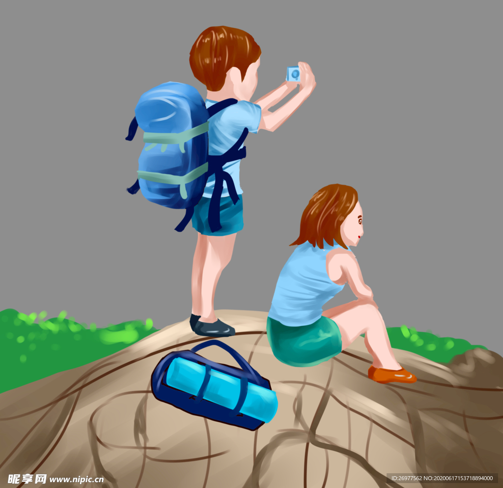 手绘户外夏日登山素材