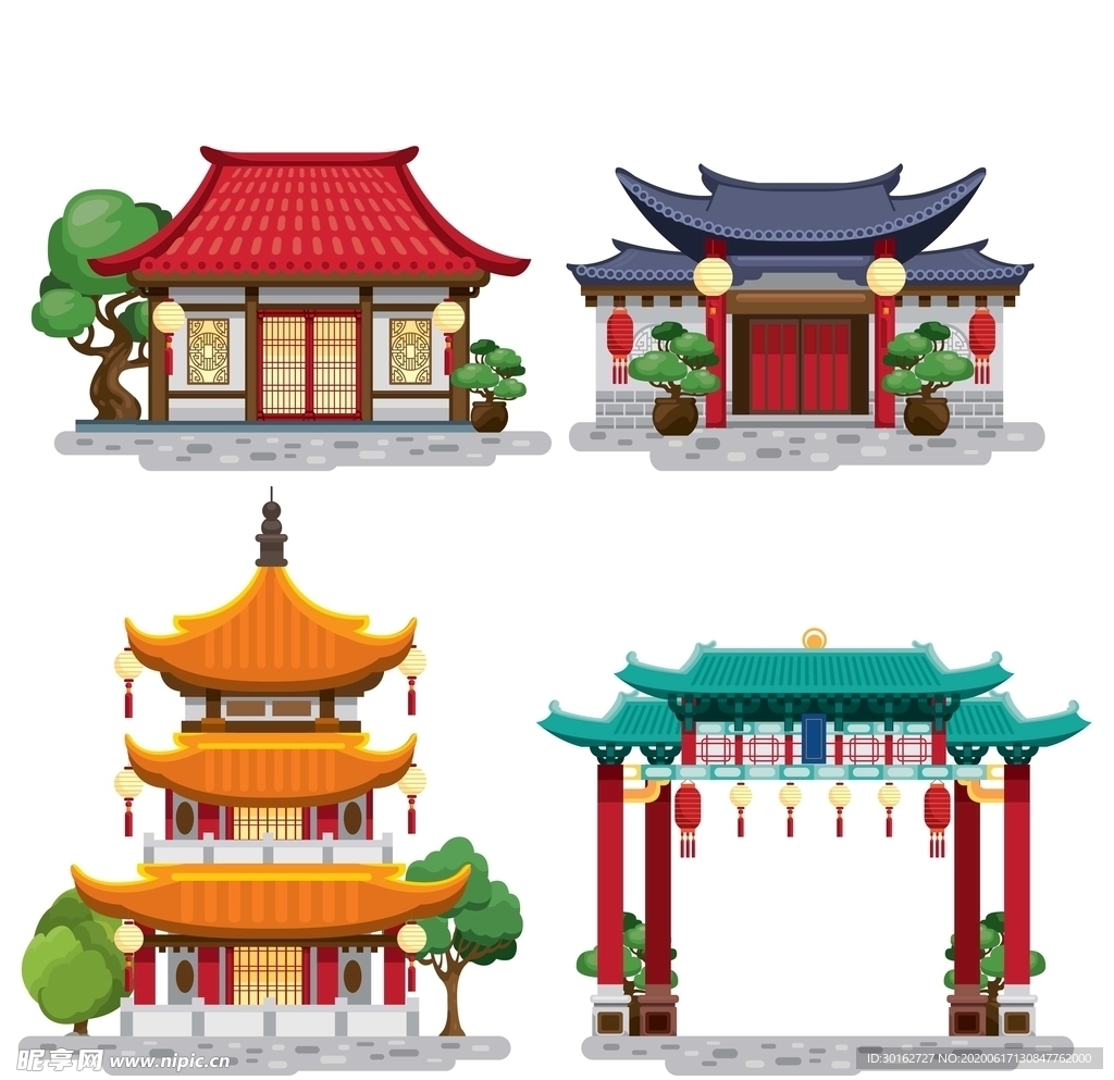 中国传统风格建筑插画