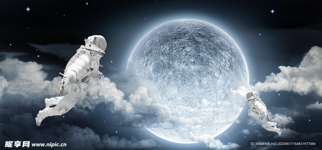 宇航员月亮月球云层天空星空背景