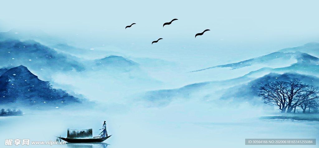 山水意境清新复古小舟古风背景
