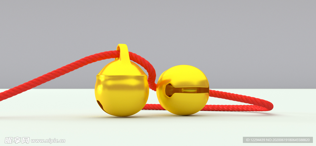 C4D金色铃铛模型 红绳铃铛