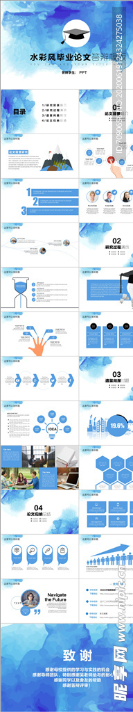 蓝色水彩毕业论文答辩PPT模板