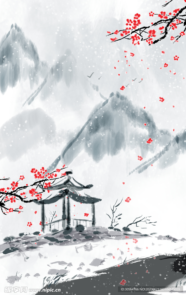 山水意境梅花冬季笔墨背景素材