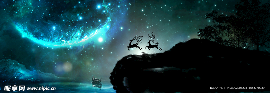 轻奢北欧艺术夜景星空麋鹿倒影