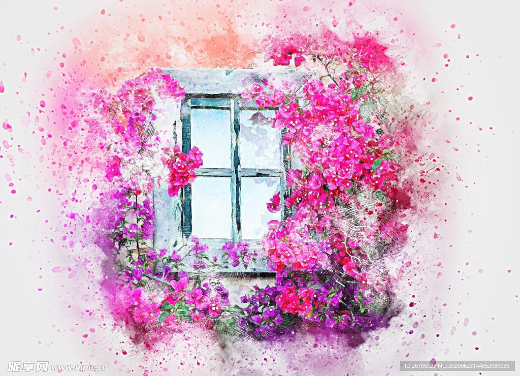 插画-窗户与花